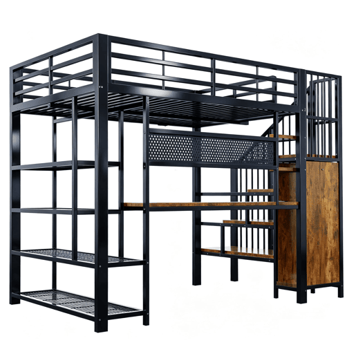 Cama alta metálica 140x200 - Secretária comprida, painel perfurado, várias prateleiras, luz LED, tomada Euro, grade alta - Preto Cama alta metálica 140x200 - Secretária comprida, painel perfurado, várias prateleiras, luz LED, tomada Euro, grade alta - Preto