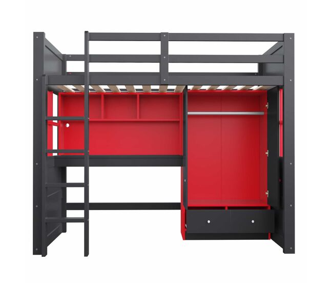 Cama alta 90x200 cm - con escalera, espacio de almacenamiento, escritorio, armario y cajones, estilo gaming infantil y juvenil - negro y rojo