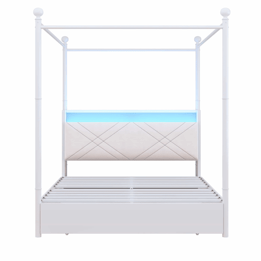 Cama de casal multifuncional 140x190 - com espaço de arrumação, dossel em ferro, colunas removíveis, iluminação LED, portas de carregamento USBType-C e três gavetas - branca