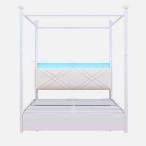 Cama de casal multifuncional 140x190 - com espaço de arrumação, dossel em ferro, colunas removíveis, iluminação LED, portas de carregamento USBType-C e três gavetas - branca