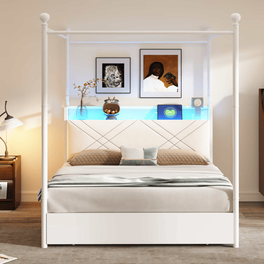 Cama de casal multifuncional 140x190 - com espaço de arrumação, dossel em ferro, colunas removíveis, iluminação LED, portas de carregamento USBType-C e três gavetas - branca