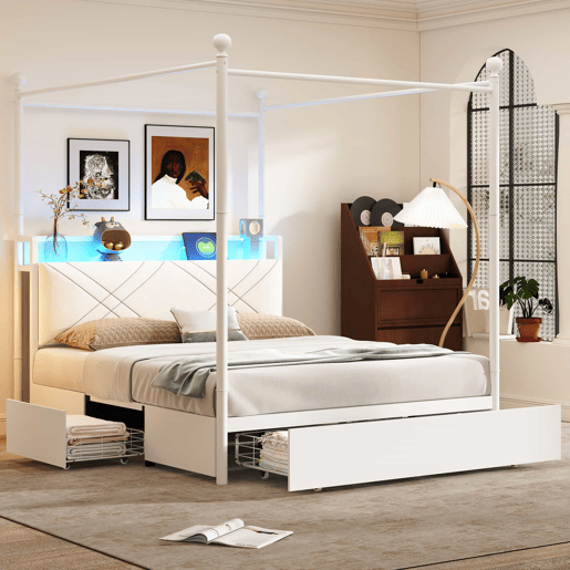 Cama de casal multifuncional 140x190 - com espaço de arrumação, dossel em ferro, colunas removíveis, iluminação LED, portas de carregamento USBType-C e três gavetas - branca
