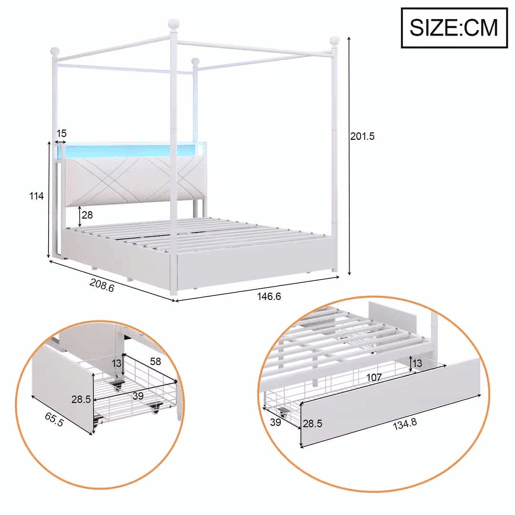 Cama de casal multifuncional 140x190 - com espaço de arrumação, dossel em ferro, colunas removíveis, iluminação LED, portas de carregamento USBType-C e três gavetas - branca