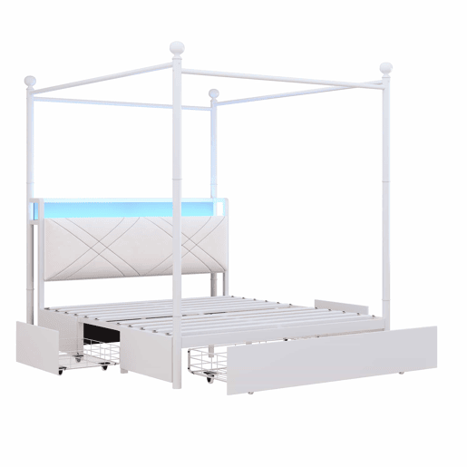 Cama de casal multifuncional 140x190 - com espaço de arrumação, dossel em ferro, colunas removíveis, iluminação LED, portas de carregamento USBType-C e três gavetas - branca