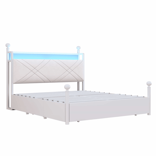 Cama de casal multifuncional 140x190 - com espaço de arrumação, dossel em ferro, colunas removíveis, iluminação LED, portas de carregamento USBType-C e três gavetas - branca