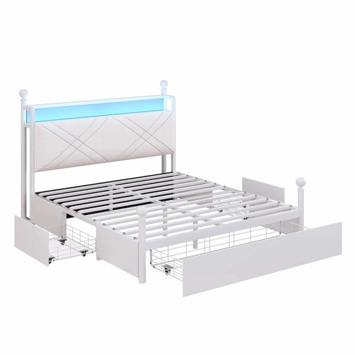 Cama de casal multifuncional 140x190 - com espaço de arrumação, dossel em ferro, colunas removíveis, iluminação LED, portas de carregamento USBType-C e três gavetas - branca