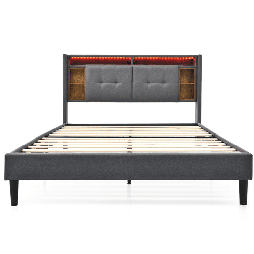 Cama de casal estofada 160x200 - cabeceira com espaço de arrumação, porta USB e luz LED, base de madeira - cinzenta Cama de casal estofada 160x200 - cabeceira com espaço de arrumação, porta USB e luz LED, base de madeira - cinzenta