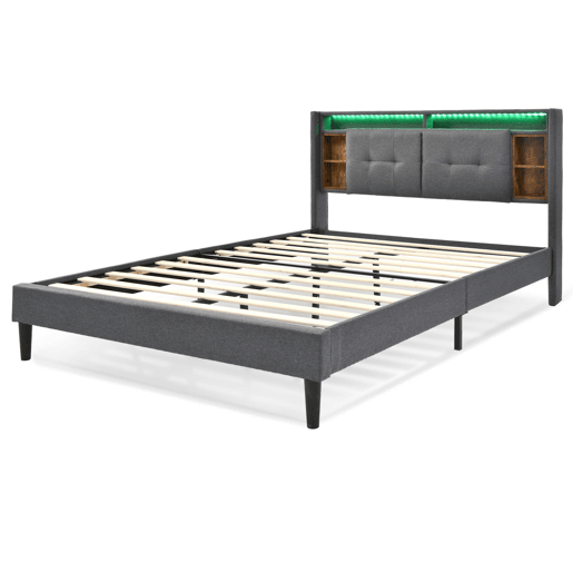 Cama de casal estofada 160x200 - cabeceira com espaço de arrumação, porta USB e luz LED, base de madeira - cinzenta Cama de casal estofada 160x200 - cabeceira com espaço de arrumação, porta USB e luz LED, base de madeira - cinzenta