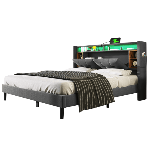 Cama de casal estofada 160x200 - cabeceira com espaço de arrumação, porta USB e luz LED, base de madeira - cinzenta Cama de casal estofada 160x200 - cabeceira com espaço de arrumação, porta USB e luz LED, base de madeira - cinzenta