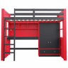 Cama alta juvenil 90 x 200 cm - com escada, secretária, espaço de arrumação, roupeiro e gavetas, estilo gaming, cama individual para crianças e jovens - vermelha e preta
