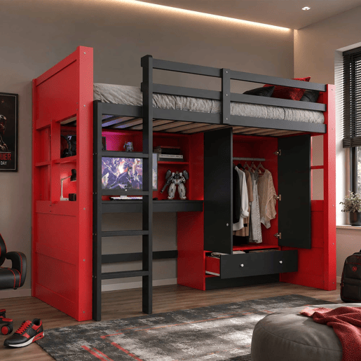 Cama alta juvenil 90 x 200 cm - com escada, secretária, espaço de arrumação, roupeiro e gavetas, estilo gaming, cama individual para crianças e jovens - vermelha e preta Cama alta juvenil 90 x 200 cm - com escada, secretária, espaço de arrumação, roupeiro e gavetas, estilo gaming, cama individual para crianças e jovens - vermelha e preta