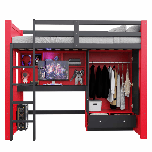 Cama alta juvenil 90 x 200 cm - com escada, secretária, espaço de arrumação, roupeiro e gavetas, estilo gaming, cama individual para crianças e jovens - vermelha e preta Cama alta juvenil 90 x 200 cm - com escada, secretária, espaço de arrumação, roupeiro e gavetas, estilo gaming, cama individual para crianças e jovens - vermelha e preta