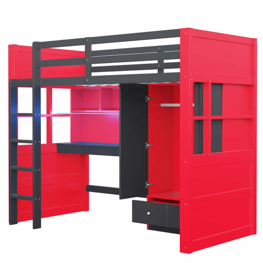 Cama alta juvenil 90 x 200 cm - com escada, secretária, espaço de arrumação, roupeiro e gavetas, estilo gaming, cama individual para crianças e jovens - vermelha e preta Cama alta juvenil 90 x 200 cm - com escada, secretária, espaço de arrumação, roupeiro e gavetas, estilo gaming, cama individual para crianças e jovens - vermelha e preta