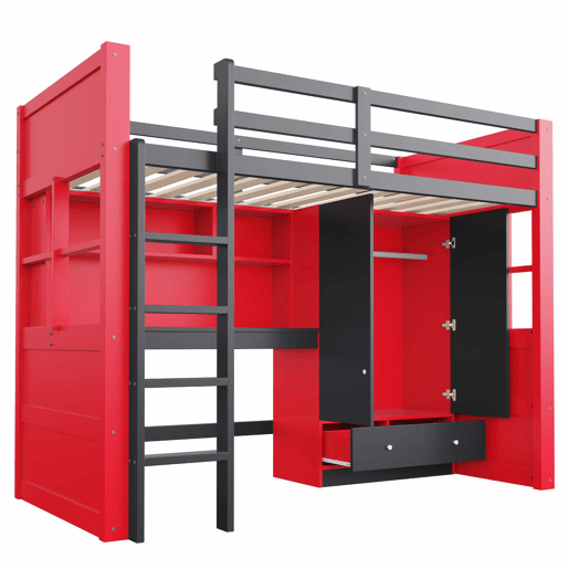 Cama alta juvenil 90 x 200 cm - com escada, secretária, espaço de arrumação, roupeiro e gavetas, estilo gaming, cama individual para crianças e jovens - vermelha e preta Cama alta juvenil 90 x 200 cm - com escada, secretária, espaço de arrumação, roupeiro e gavetas, estilo gaming, cama individual para crianças e jovens - vermelha e preta