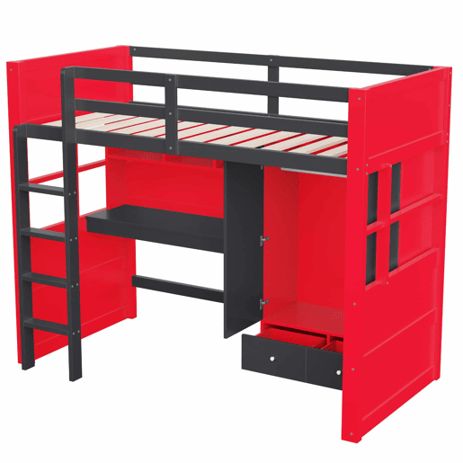 Cama alta juvenil 90 x 200 cm - com escada, secretária, espaço de arrumação, roupeiro e gavetas, estilo gaming, cama individual para crianças e jovens - vermelha e preta Cama alta juvenil 90 x 200 cm - com escada, secretária, espaço de arrumação, roupeiro e gavetas, estilo gaming, cama individual para crianças e jovens - vermelha e preta