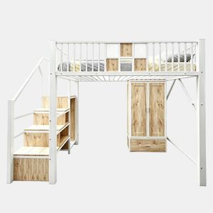Cama alta metálica 140 x 200 cm - design distinto com grades em madeira e rede metálica, com roupeiro espaçoso, gavetas e escada com espaço de arrumação - branco