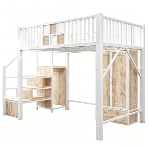 Cama alta metálica 140 x 200 cm - design distinto com grades em madeira e rede metálica, com roupeiro espaçoso, gavetas e escada com espaço de arrumação - branco