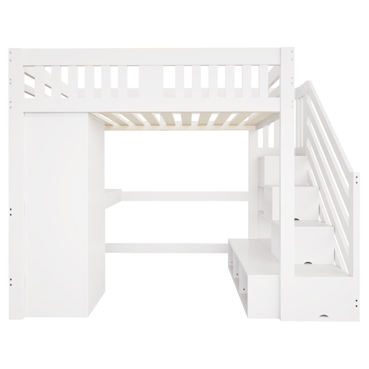 Cama alta 140 x 200 cm - escalera con almacenamiento, escritorio con enchufe, luz led multicolor, armario individual, banco con almacenamiento,