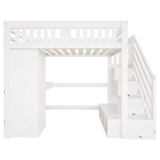 Cama alta 140 x 200 cm - Escada com arrumação, secretária com tomada, luz LED multicolorida, roupeiro individual, banco com arrumação, grade alta - Branco