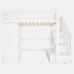 Cama alta 140 x 200 cm - Escada com arrumação, secretária com tomada, luz LED multicolorida, roupeiro individual, banco com arrumação, grade alta - Branco