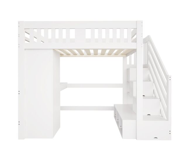 Cama alta 140 x 200 cm - escalera con almacenamiento, escritorio con enchufe, luz led multicolor, armario individual, banco con almacenamiento,