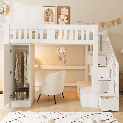 Cama alta 140 x 200 cm - Escada com arrumação, secretária com tomada, luz LED multicolorida, roupeiro individual, banco com arrumação, grade alta - Branco