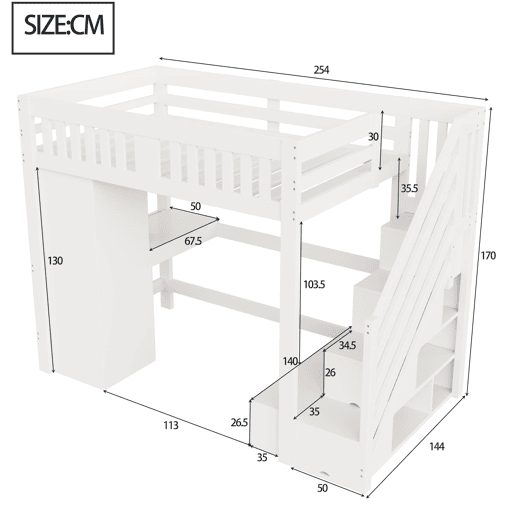 Cama alta 140 x 200 cm - Escada com arrumação, secretária com tomada, luz LED multicolorida, roupeiro individual, banco com arrumação, grade alta - Branco