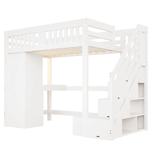 Cama alta 140 x 200 cm - Escada com arrumação, secretária com tomada, luz LED multicolorida, roupeiro individual, banco com arrumação, grade alta - Branco