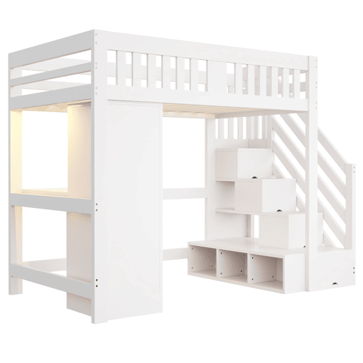 Cama alta 140 x 200 cm - Escada com arrumação, secretária com tomada, luz LED multicolorida, roupeiro individual, banco com arrumação, grade alta - Branco