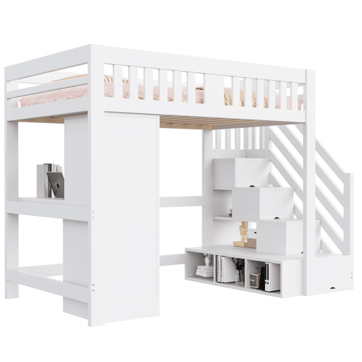 Cama alta 140 x 200 cm - Escada com arrumação, secretária com tomada, luz LED multicolorida, roupeiro individual, banco com arrumação, grade alta - Branco
