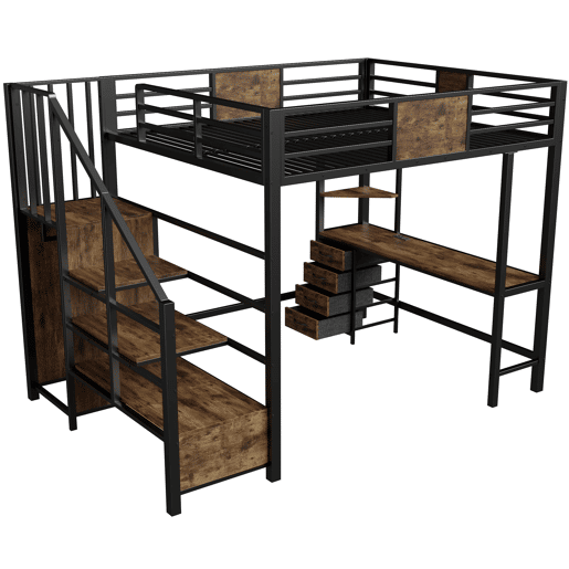 Cama alta 140x200 - com secretária, prateleiras, varão para roupa, iluminação LED e tomada - Preto Cama alta 140x200 - com secretária, prateleiras, varão para roupa, iluminação LED e tomada - Preto