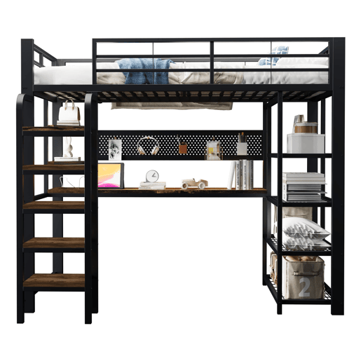 Beliche individual 90×200 cm - com secretária, tomada CEE, luz LED multicolorida, várias prateleiras, estante pequena, escada vertical - preto