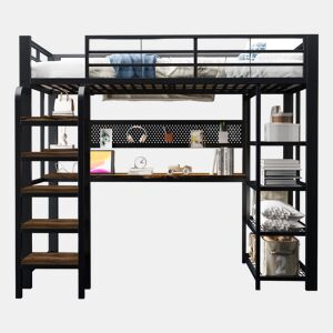 Beliche individual 90×200 cm - com secretária, tomada CEE, luz LED multicolorida, várias prateleiras, estante pequena, escada vertical - preto