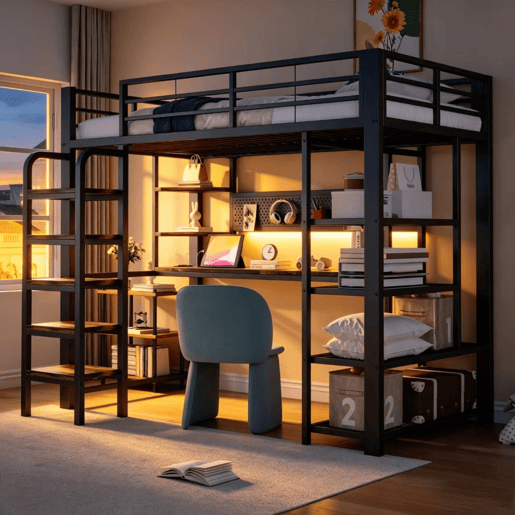 Beliche individual 90×200 cm - com secretária, tomada CEE, luz LED multicolorida, várias prateleiras, estante pequena, escada vertical - preto