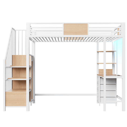Cama alta em metal 90x200 - com secretária, prateleiras, varão para roupa, iluminação LED e tomada, multifuncional para escritórios e quartos pequenos - branco