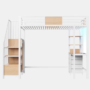 Cama alta em metal 90x200 - com secretária, prateleiras, varão para roupa, iluminação LED e tomada, multifuncional para escritórios e quartos pequenos - branco