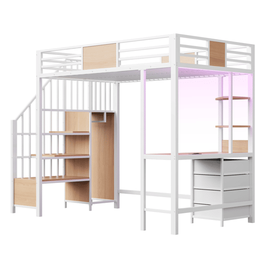 Cama alta em metal 90x200 - com secretária, prateleiras, varão para roupa, iluminação LED e tomada, multifuncional para escritórios e quartos pequenos - branco