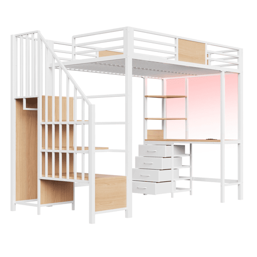 Cama alta em metal 90x200 - com secretária, prateleiras, varão para roupa, iluminação LED e tomada, multifuncional para escritórios e quartos pequenos - branco