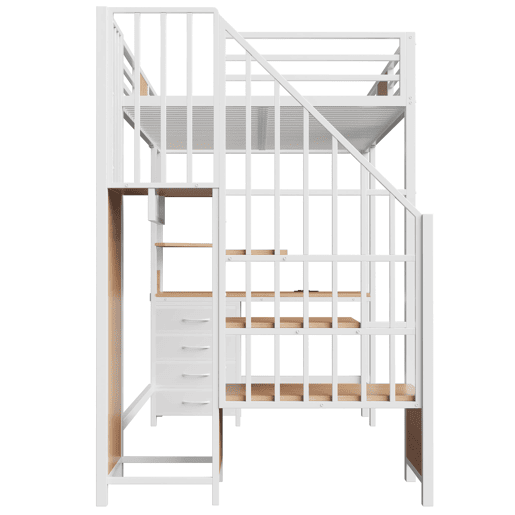 Cama alta em metal 90x200 - com secretária, prateleiras, varão para roupa, iluminação LED e tomada, multifuncional para escritórios e quartos pequenos - branco