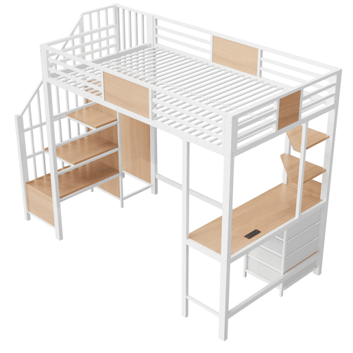 Cama alta em metal 90x200 - com secretária, prateleiras, varão para roupa, iluminação LED e tomada, multifuncional para escritórios e quartos pequenos - branco