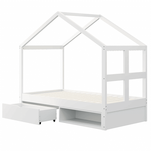Cama juvenil em madeira 90x190 cm - com gavetas, sapateira pequena, iluminação LED multicolorida e base de ripas - Branco