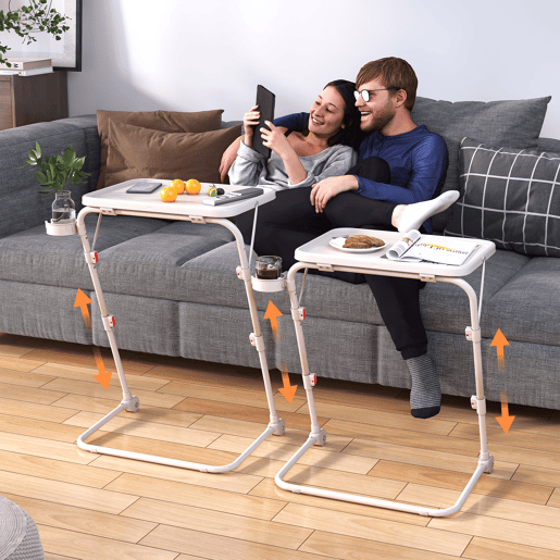MEUBLES COSY Mesa Auxiliar Dobrável Multifuncional em PP e Aço, Altura e Inclinação Reguláveis, Porta-copos Integrado, 4 Posições, Bege
