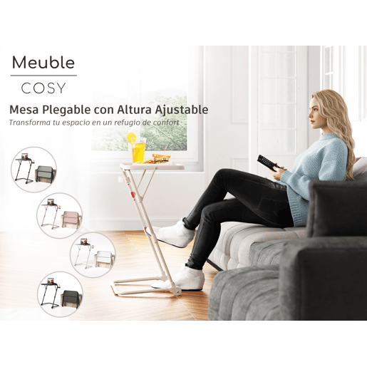 MEUBLES COSY Mesa Auxiliar Dobrável Multifuncional em PP e Aço, Altura e Inclinação Reguláveis, Porta-copos Integrado, 4 Posições, Bege