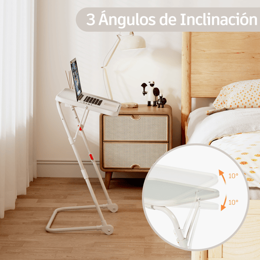 MEUBLES COSY Mesa Auxiliar Dobrável Multifuncional em PP e Aço, Altura e Inclinação Reguláveis, Porta-copos Integrado, 4 Posições, Bege