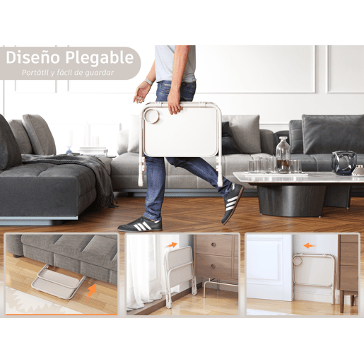 MEUBLES COSY Mesa Auxiliar Dobrável Multifuncional em PP e Aço, Altura e Inclinação Reguláveis, Porta-copos Integrado, 4 Posições, Bege