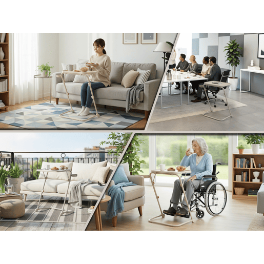 MEUBLES COSY Mesa Auxiliar Dobrável Multifuncional em PP e Aço, Altura e Inclinação Reguláveis, Porta-copos Integrado, 4 Posições, Bege