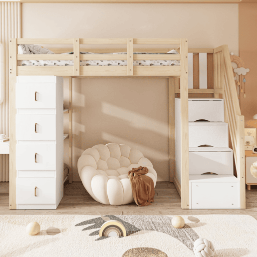 Cama alta 90 x 200 cm - com gavetas de arrumação, estante com vários prateleiros, escada segura, cama multifuncional em madeira maciça - cor de madeira natural