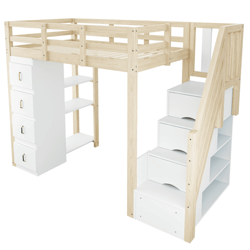 Cama alta 90 x 200 cm - com gavetas de arrumação, estante com vários prateleiros, escada segura, cama multifuncional em madeira maciça - cor de madeira natural