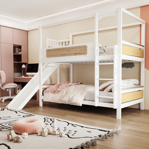 Cama de beliche infantil 90 x 200 cm - estrutura em forma de casa com escorrega, grades de segurança com desenho de bolacha e escada extra larga - madeira natural, branco