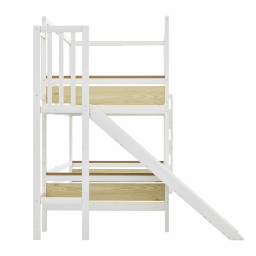 Cama de beliche infantil 90 x 200 cm - estrutura em forma de casa com escorrega, grades de segurança com desenho de bolacha e escada extra larga - madeira natural, branco
